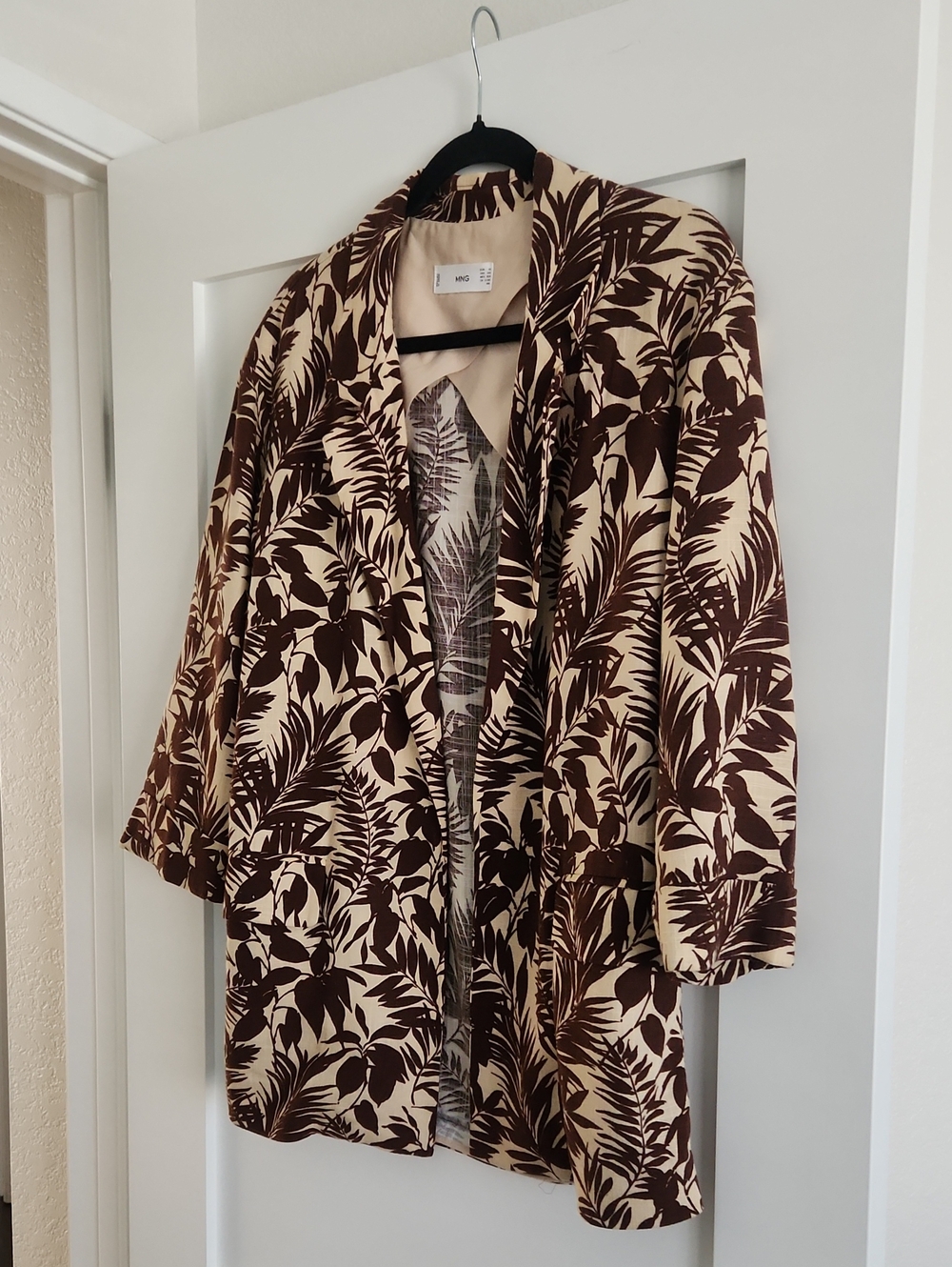 MANGO Brown Leaf Print Open Front Jacket